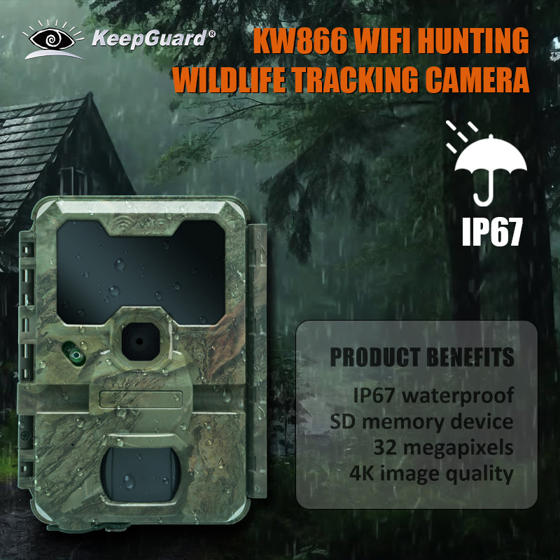 KW866 WIFI Chạy đường đi săn động vật hoang dã Camera chống nước IP67 OEM/ODM 512GB Lưu trữ Thẻ nhớ SD 32MP 4K dễ sử dụng
