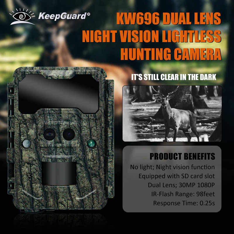 KW696 ngoài trời săn bắn động vật hoang dã camera ống kính kép 30MP không phát sáng đường mòn camera 1080p thị giác ban đêm 512G camera rừng hồng ngoại