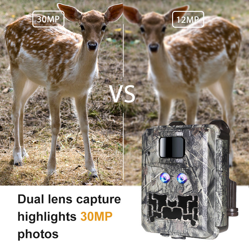 Máy ảnh ẩn với ống kính kép KW591 chống nước IP67 30MP 1080P 0.4s Trigger speed night vision lên đến 512GB cho nghiên cứu động vật hoang dã